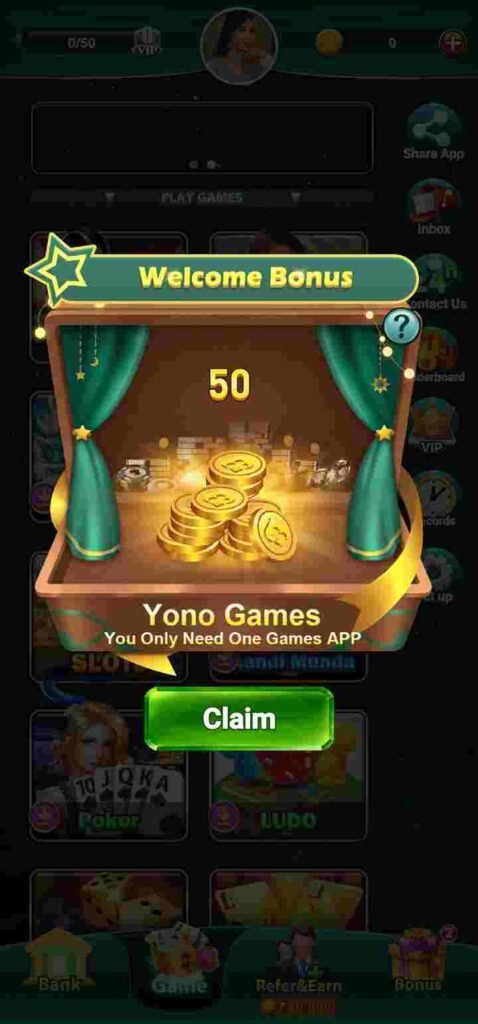 welcome bonus in yono games